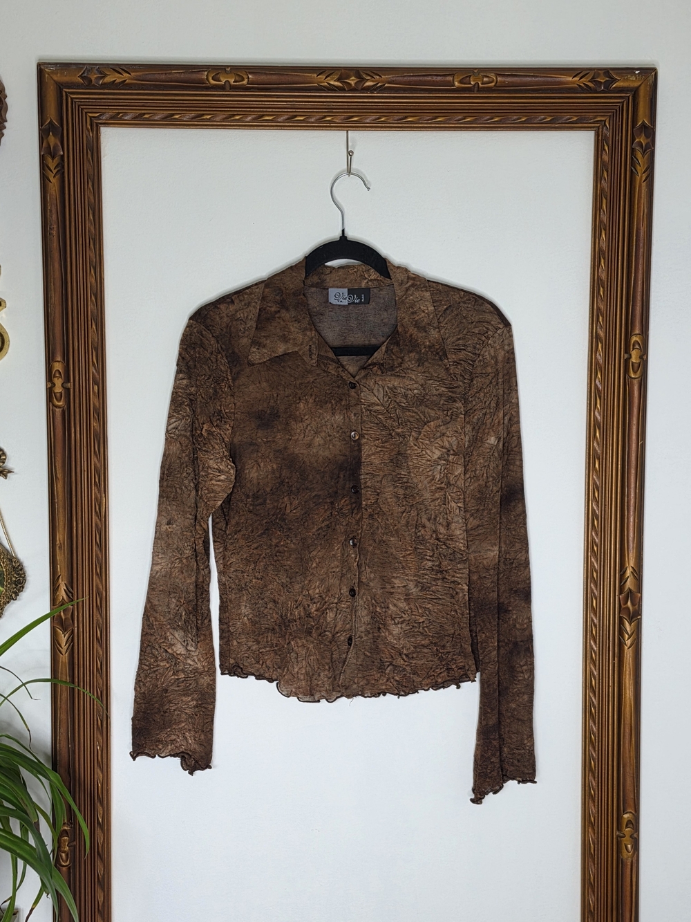 Vintage Brown Button-Front Crinckle Chiffon Blouse